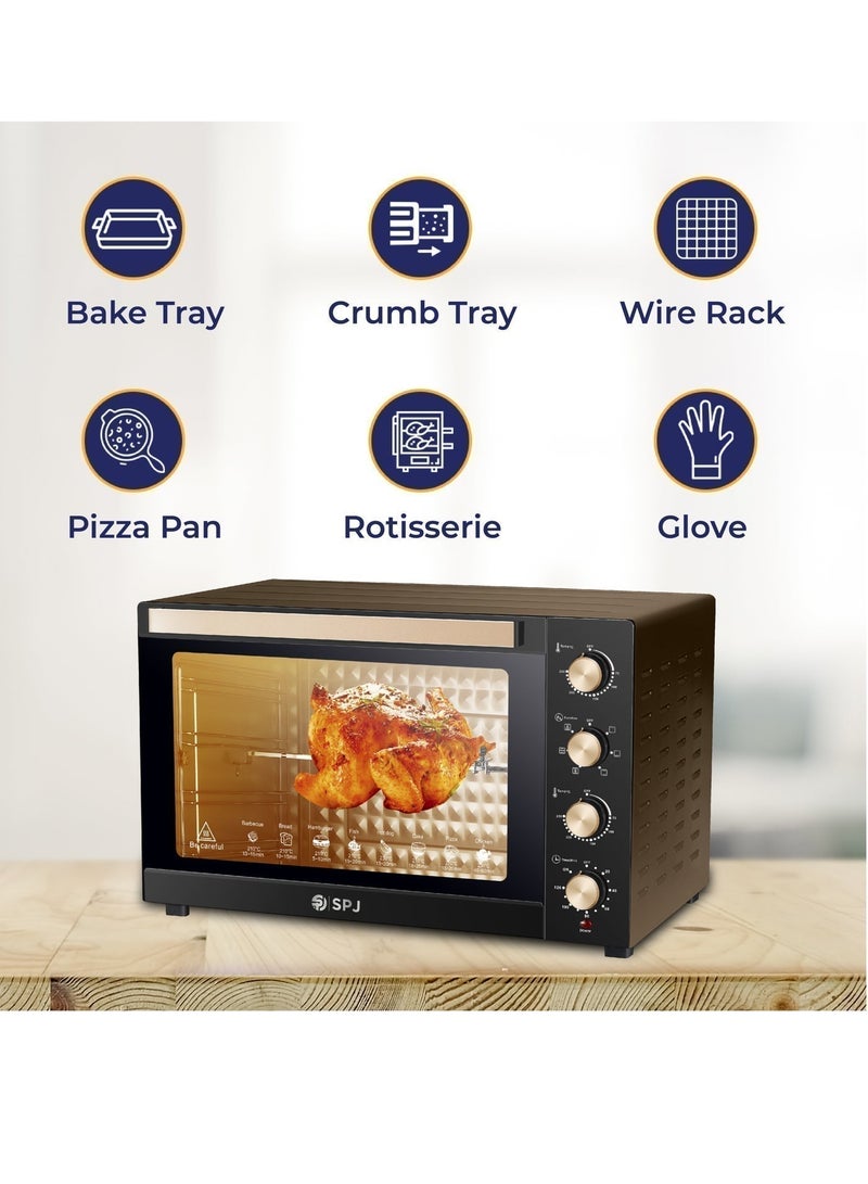 اس بي جي فرن كهربائي SPJ، فرن 120 لتر، 2800 وات مع 7 مستويات طاقة، درجة حرارة قابلة للتعديل 70-250 درجة مئوية، مؤقت 120 دقيقة، مشواة بمحرك 360 درجة، مصباح داخلي، سهل الاستخدام، اللون - بني، EOW-BR120L03 - Image 3